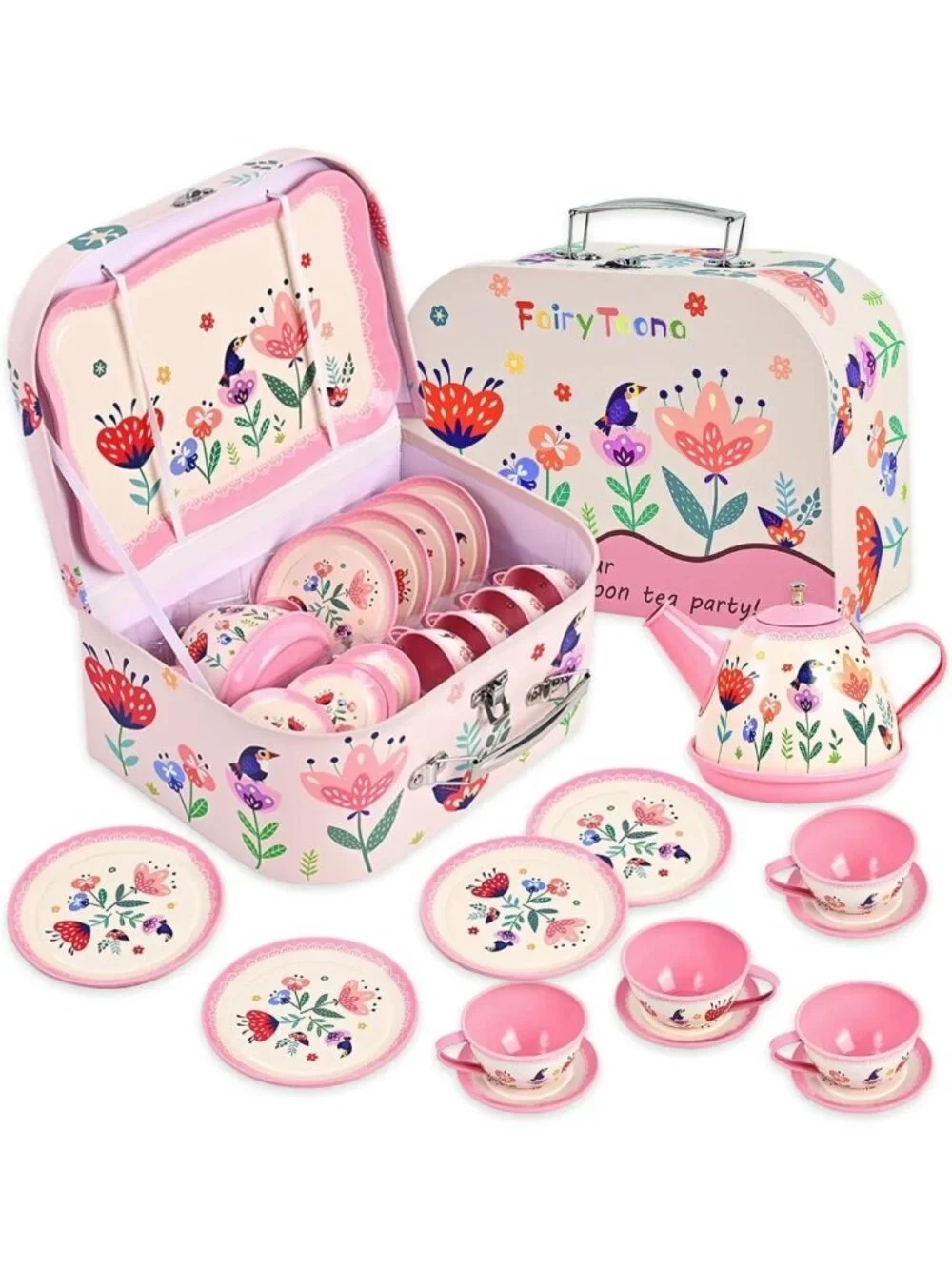 Floral Pretend Play Tea Party Set for Girls 3-6, 15-Piece Kitchen Toys & Storage
